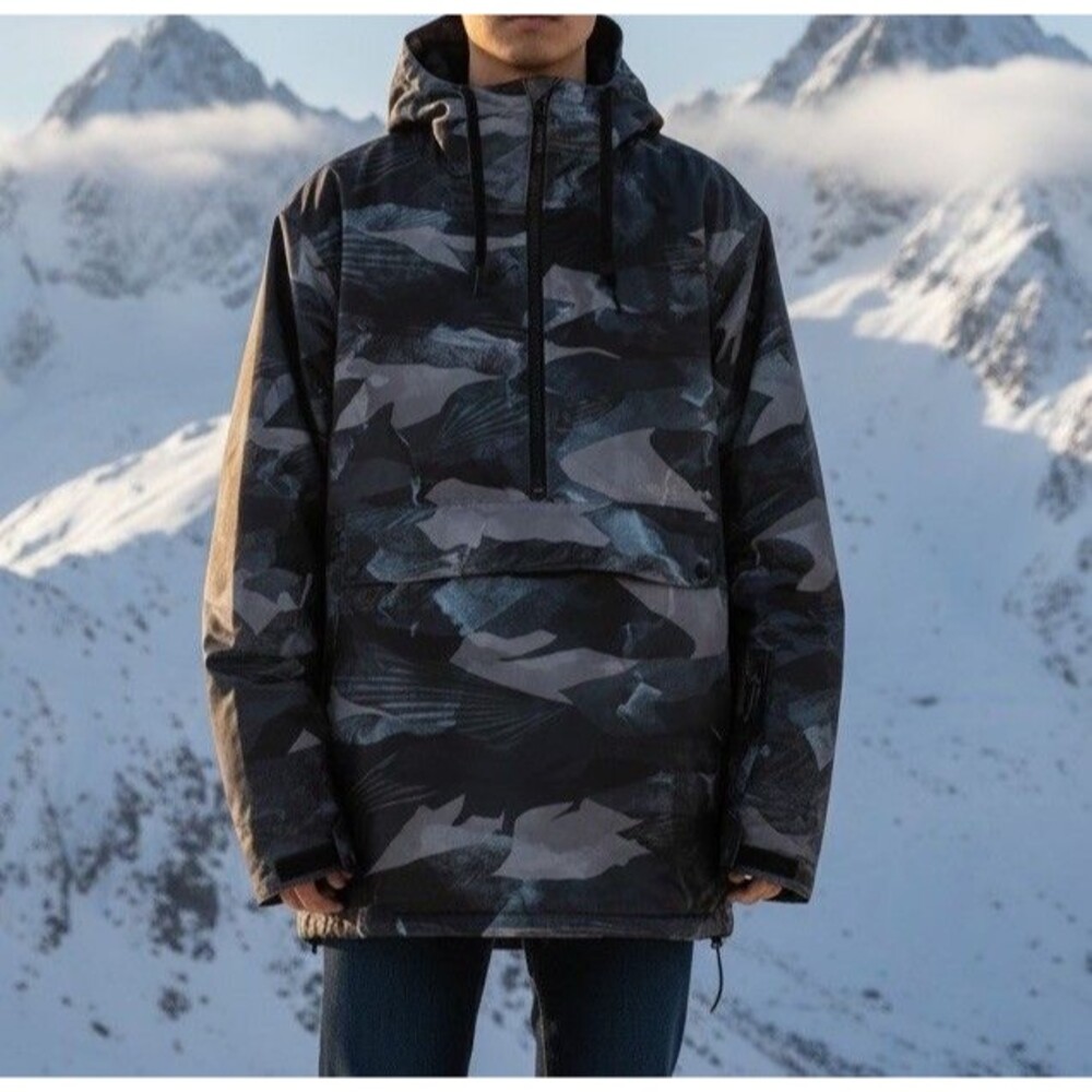 Armada Baxter Insulated Jacket Hooded Gray Black Side Zipper Ridge Print